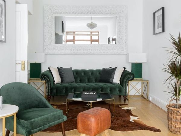 living room. green sofa