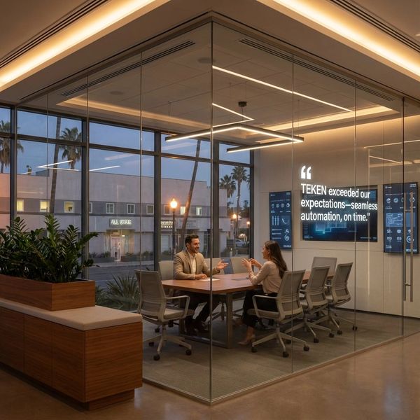 Two people having a discussion in a modern glass-walled office meeting room.