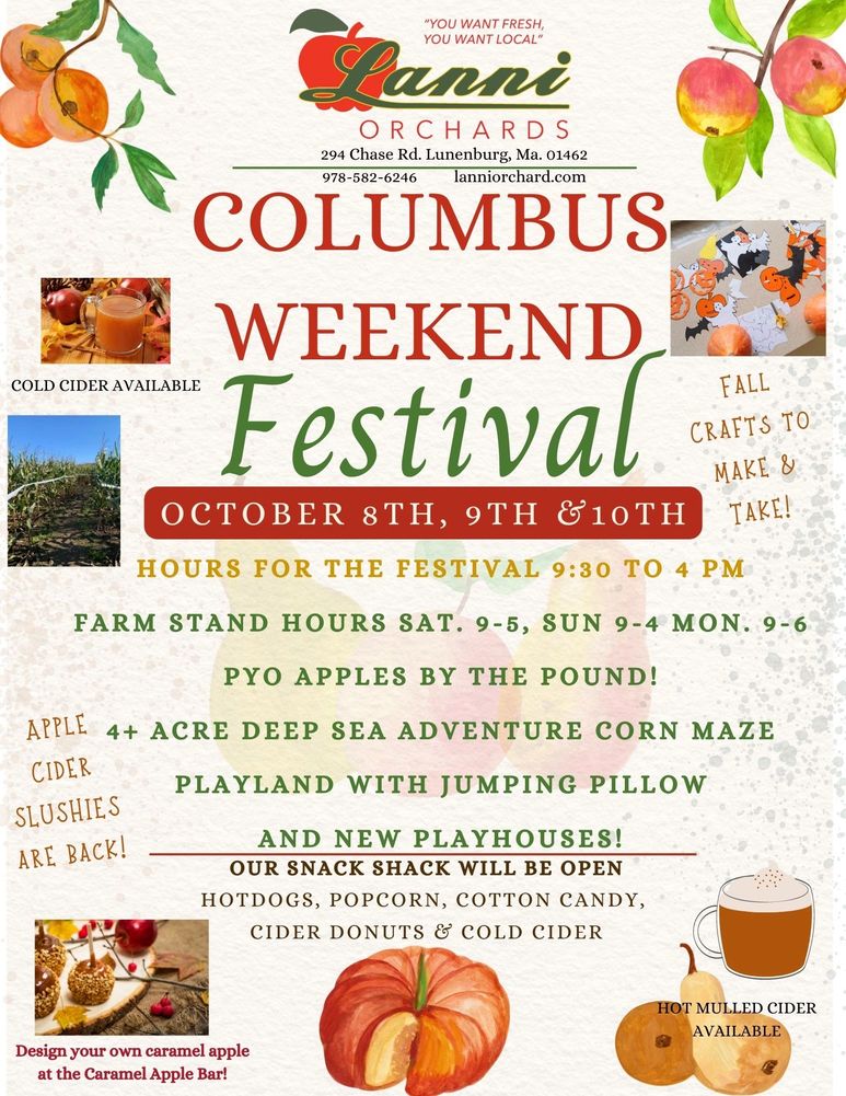 pick your own apples caramel apples hot cider
cider slushies
cider donuts
jumping pillow
corn maze 