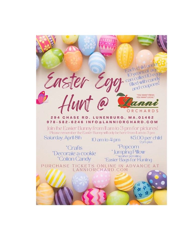 Easter Egg Hunt April 8th 10 am to 4 pm
kids 10 years and younger
$5.00 per child 10 eggs per child