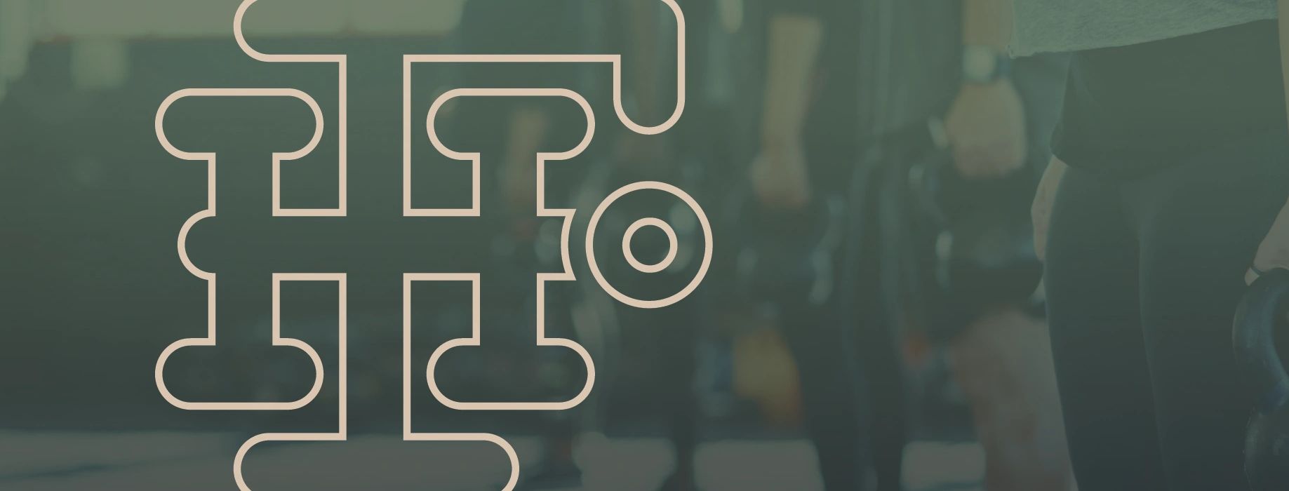 Gym scene with an abstract logo overlay.