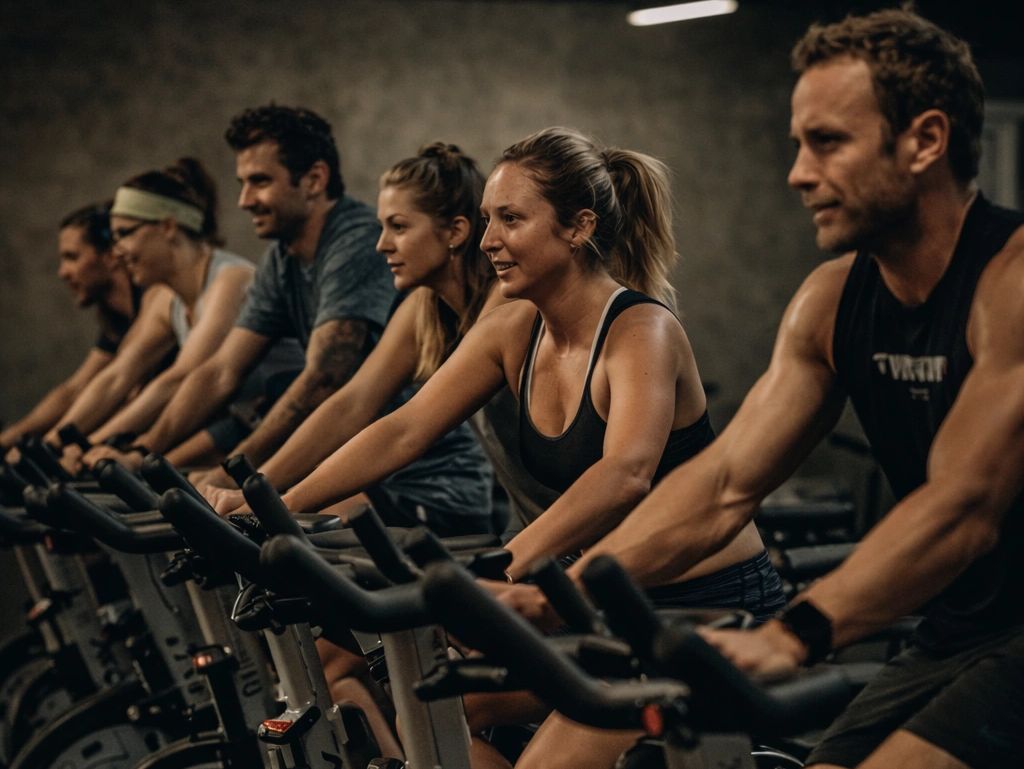 Group indoor cycling class with focused participants.