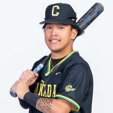 Baseball player posing with bat, wearing black and green uniform.