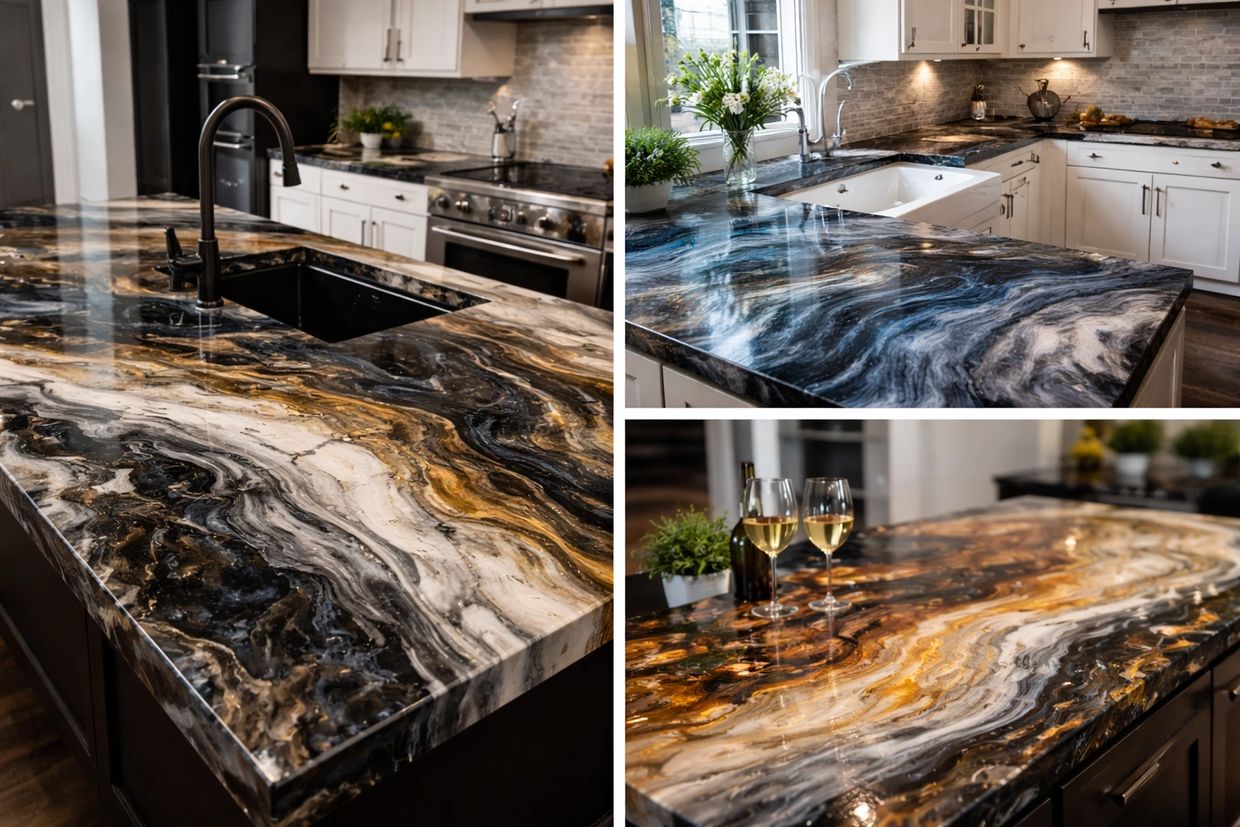 Luxurious kitchen countertops with swirling black, white, and gold patterns.