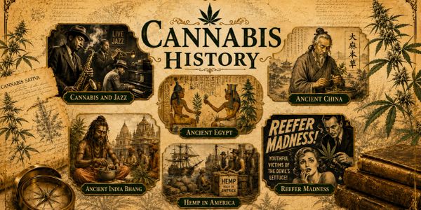 Illustration of cannabis history from ancient times to jazz era.