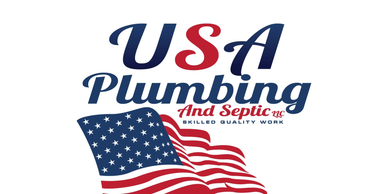 Logo for USA Plumbing and Septic with a waving American flag.