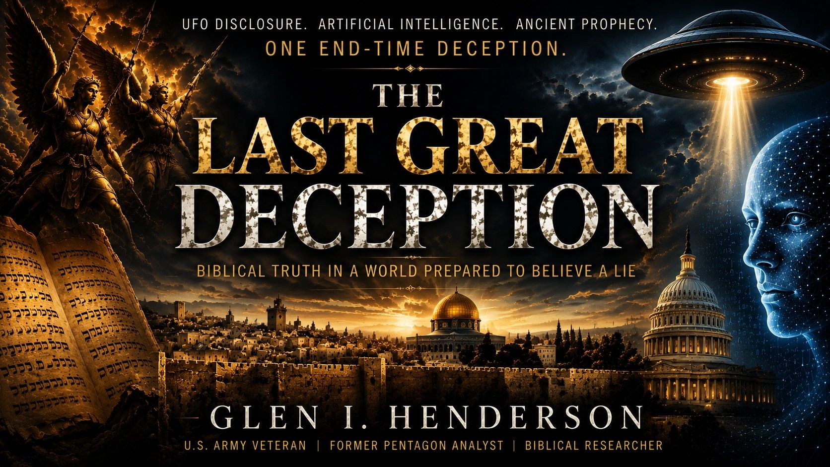 Cover of The Last Great Deception by Glen I. Henderson: fallen angels, a UFO, and AI imagery