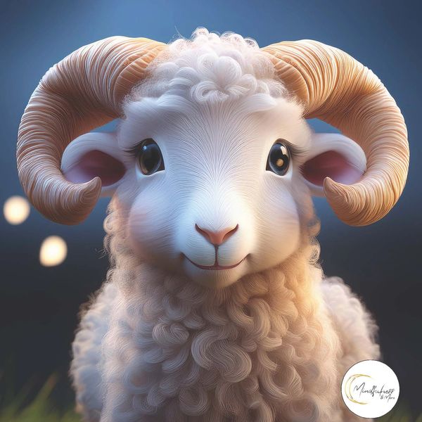 Cute, cartoon-style ram with big eyes and curly wool under soft lighting.