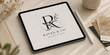 Tablet displaying a minimalist design logo for Raven &amp; Co. with a stylus beside it.