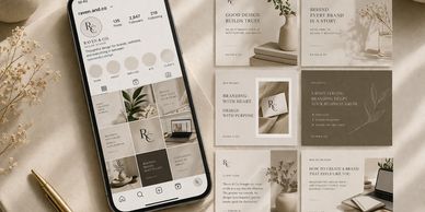A smartphone displaying an Instagram profile with matching aesthetic posts beside it.