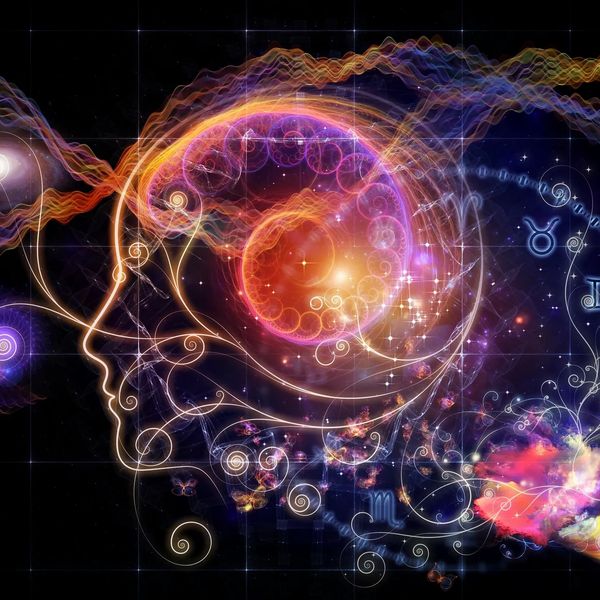 Abstract cosmic profile with spirals and zodiac symbols in vibrant colors.