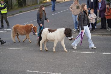 Children walking miniature ponies on a street during an event.