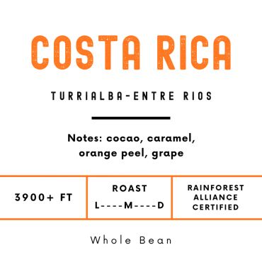 Coffee label for Costa Rica with tasting notes and certification.