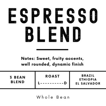 Espresso blend coffee label with tasting notes and origin.