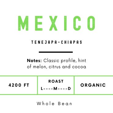 Coffee label from Mexico, Tenejapa-Chiapas with tasting notes.
