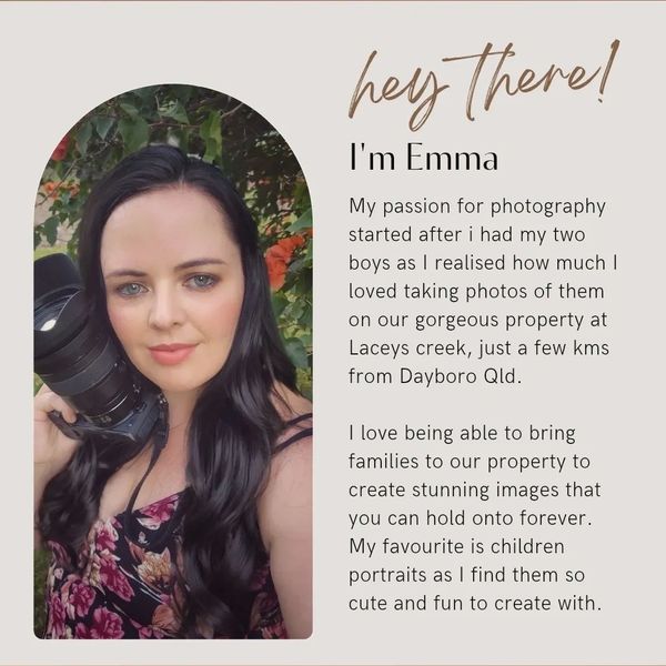 Emma, a passionate photographer specializing in children's portraits at Lacey's Creek, Dayboro Qld.