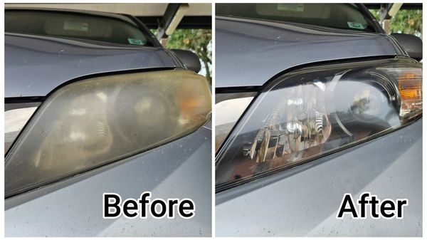 Comparison of car headlight before and after cleaning.
