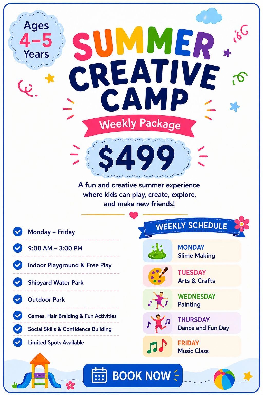 Summer Creative Camp for ages 4-5 with fun activities and weekly schedule for $499.
