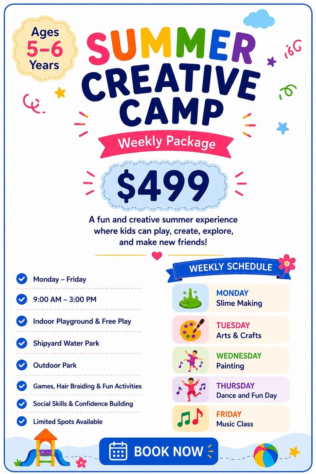 Colorful summer creative camp flyer for kids aged 5-6 with weekly activities and $499 package.