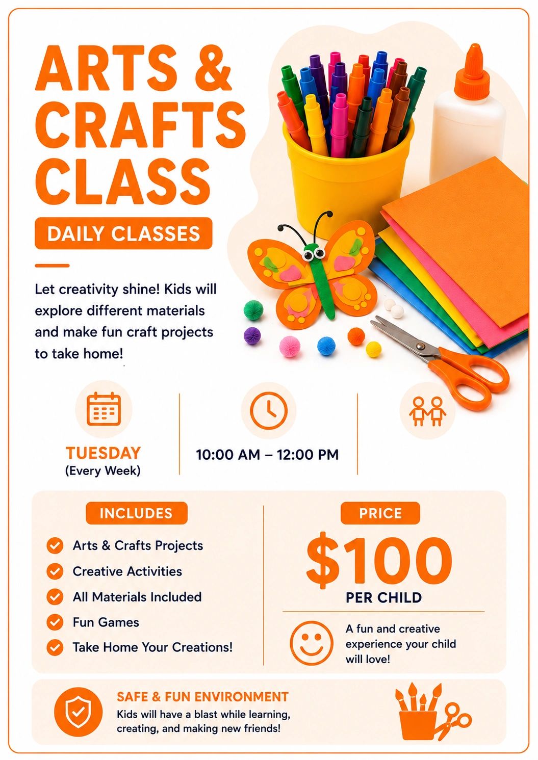 Colorful arts and crafts supplies promoting weekly kids' classes every Tuesday.