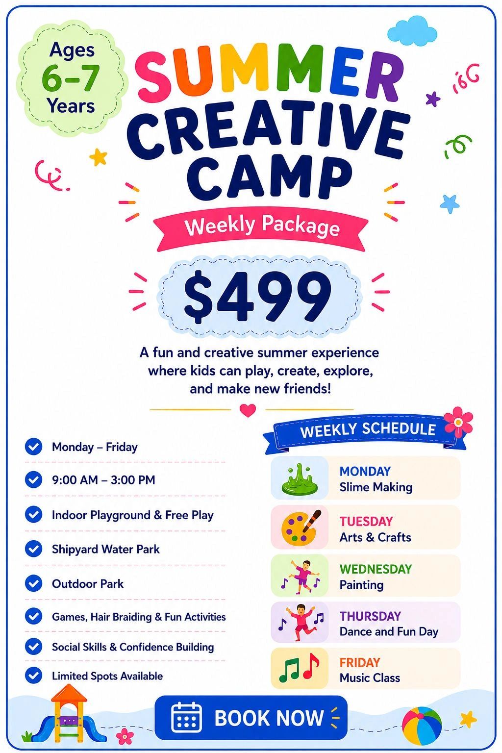 Colorful flyer for a summer creative camp for kids aged 6-7, offering fun activities and a weekly schedule.