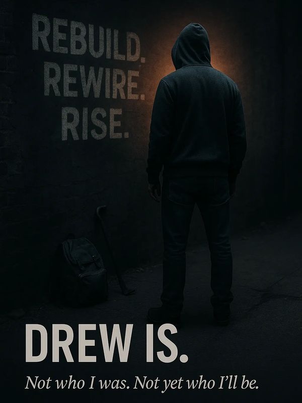 man wearing hoodie looking at the wall that says: Rebuild. Rewire. Rise