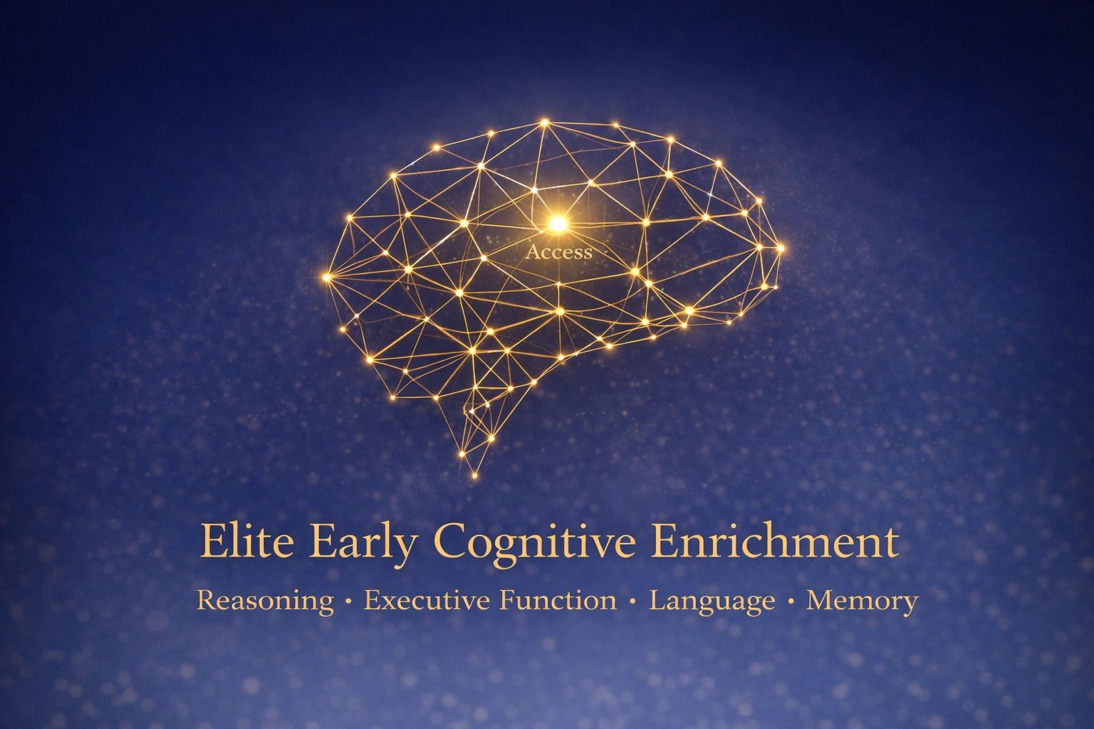 Golden neural network brain illustration with cognitive enrichment text on a blue background.