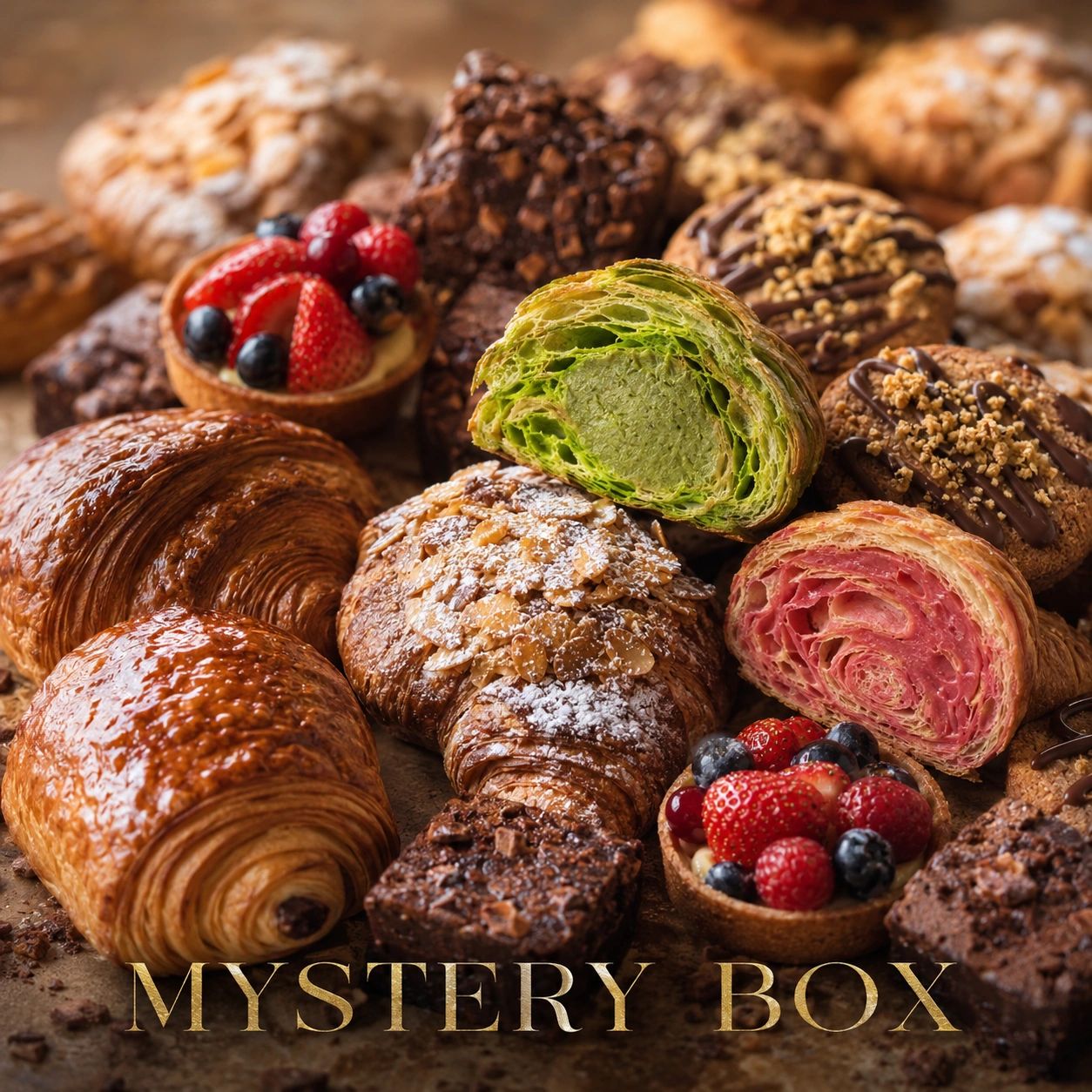 Assorted pastries and fruit tarts with a "Mystery Box" label.