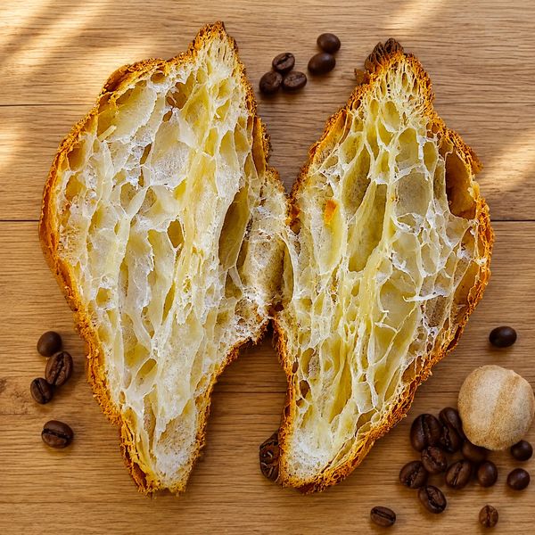 Open loaf of bread with airy crumb and coffee beans.