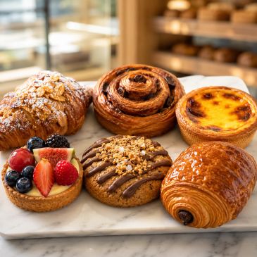 A variety of freshly baked pastries and tarts on a marble surface.