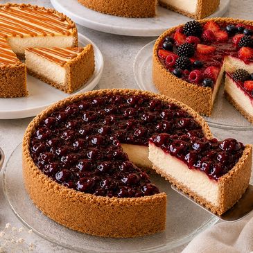 Assorted cheesecakes with fruit toppings and caramel drizzle.
