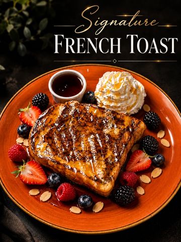 Delicious signature French toast with berries and whipped cream.