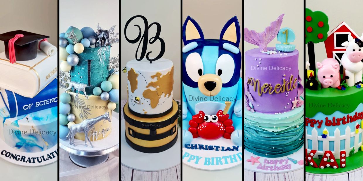 A collage of six elaborately themed celebration cakes for graduations and birthdays.