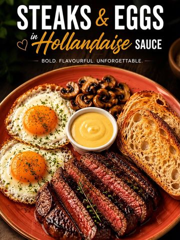 A delicious plate of steaks, eggs, mushrooms, toast, and hollandaise sauce.