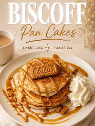 Stack of Biscoff pancakes drizzled with sauce and whipped cream.