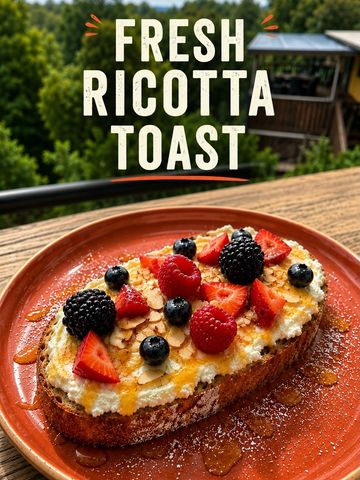 Fresh ricotta toast topped with berries and honey on a rustic ceramic plate.
