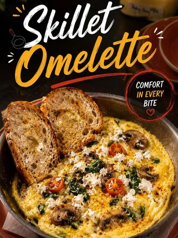 A skillet omelette with mushrooms, cherry tomatoes, and toast, inviting comfort in every bite.