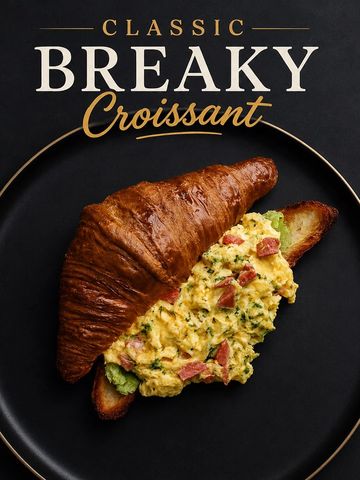 Classic breaky croissant with scrambled eggs and tomato on a black plate.