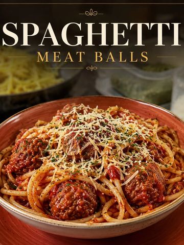 A bowl of spaghetti with meatballs topped with grated cheese and herbs.