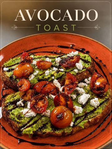 Avocado toast topped with roasted tomatoes, cheese, and balsamic glaze on a rustic plate.