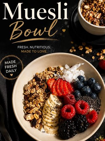Fresh muesli bowl with fruits and granola, made daily with wholesome ingredients.