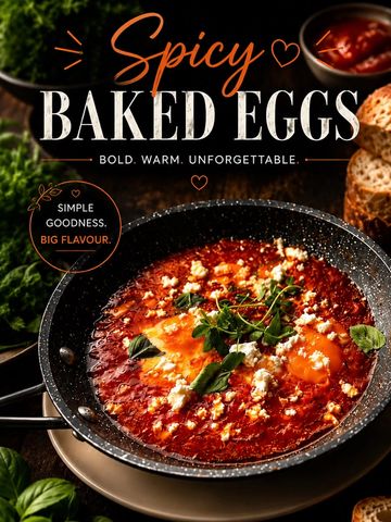 Spicy baked eggs in a rich tomato sauce garnished with herbs and cheese.