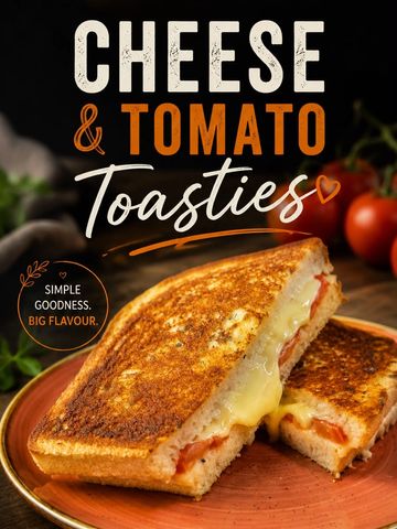 Cheese and tomato toasties with melty cheese on a rustic plate.
