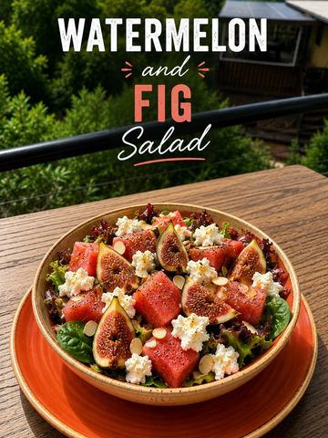 Fresh watermelon and fig salad with cheese and greens on a wooden table.