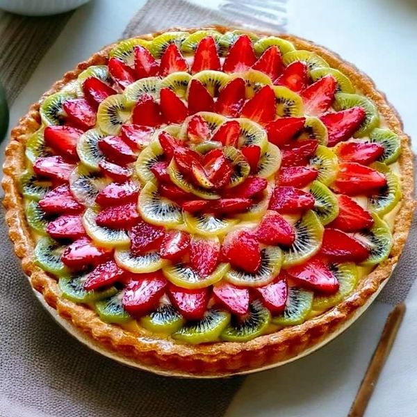 A colorful fruit tart decorated with strawberries and kiwi slices.