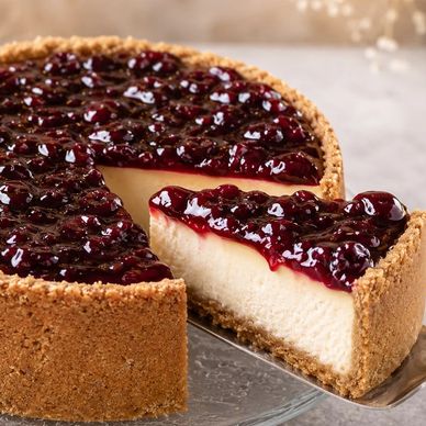 A slice of cheesecake topped with glossy cherry sauce.