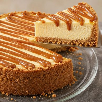 Slice of caramel-drizzled cheesecake with a crumbly crust.