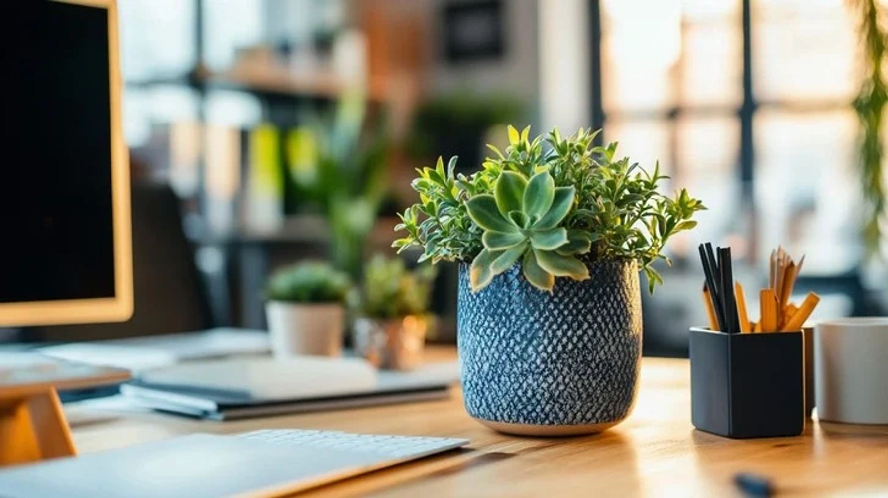 Decorative succulent plant on a wooden office desk with stationery holders.