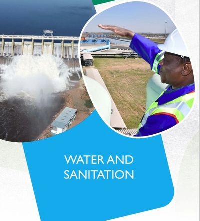 Water and sanitation infrastructure with a dam and engineer inspection.