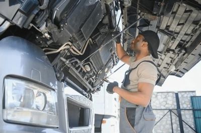 Mechanic inspecting the engine of a large truck outdoors.